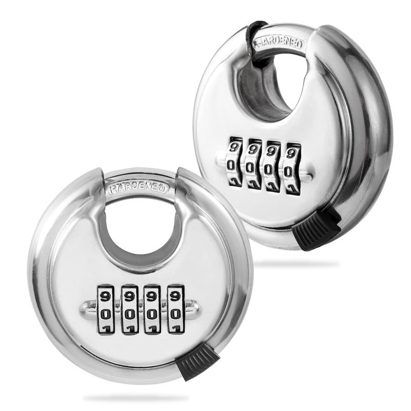 Rohuis Round Combination Lock, Uncuttable Combination Disc Padlock, 3/8 Inch Shackle Outdoor Combo Lock Pad Lock for Storage Unit, Garages, Fences (2 Pack) Silver 2pcs