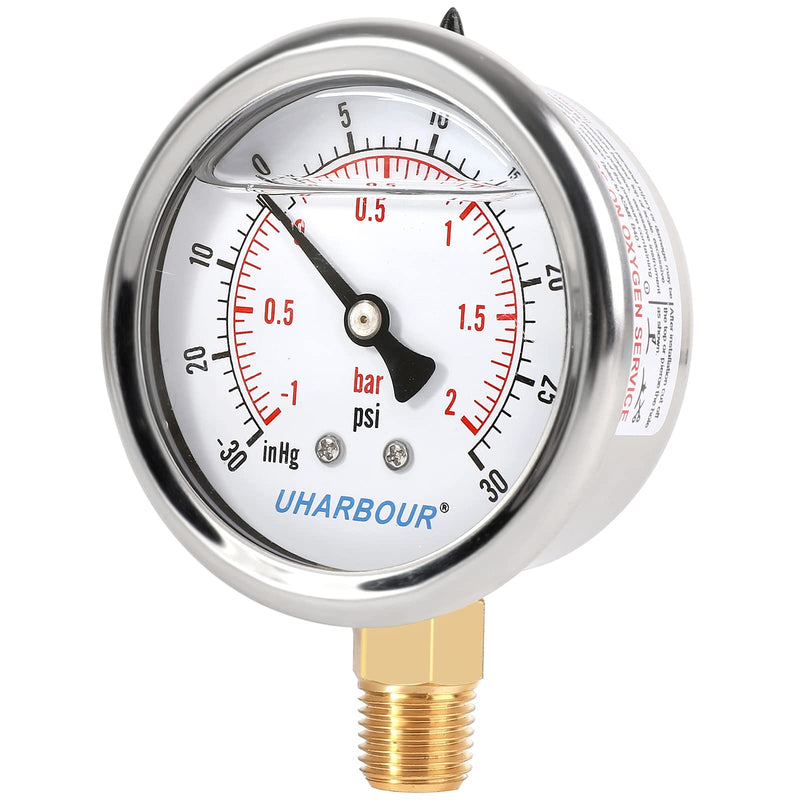 Glycerin Filled Vacuum Pressure Gauge, 2-1/2" Clear dial,1/4" NPT Bottom Connection, Stainless Steel Case, Brass Movement, Dual Scales -30HG/30PSI （-30HG/30PSI） Lower Mount
