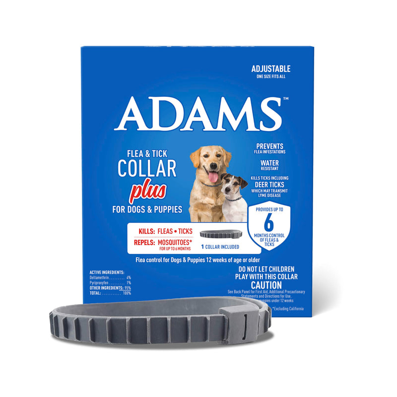 ADAMS Flea & Tick Collar Plus for Dogs & Puppies, 12 Months Protection Against Flea Infestations, Kills Fleas & Ticks, Repels Mosquitoes for Up to 6 Months (Excl. California), One Size Fits All, 1 ct 1 Pack
