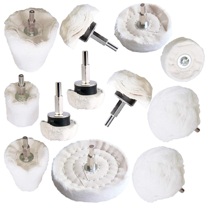 Polishing Pad Buffing Wheel Kit White Flannelette 12 Pack, for Drill for Metal Aluminum Stainless Steel Chrome Wood Plastic Ceramic Glass Woods Fabric Cotton Machine Jewelry etc 12 PCS
