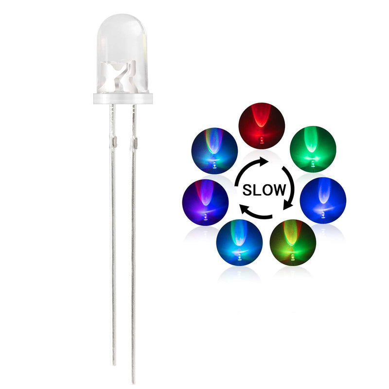 DiCUNO 100pcs 5mm RGB Multicolor Slow Flashing LED Diode, Multi-Color Blinking Changing Light Emitting Diodes, 2 Pins Clear Round Lens Diffused Flicker Electronic Components Circuit Lights Kit Slow Flash