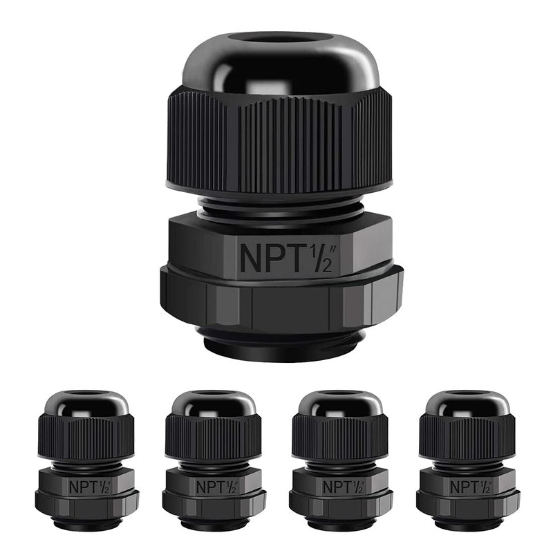 LeMotech 5 Pack NPT 1/2" Cable Glands Waterproof Adjustable 6-12mm Cable Connectors Black Nylon Joints with Gaskets 1/2inch 5-pack