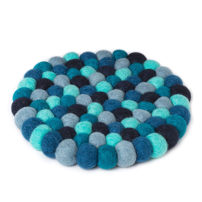 Abbott Collection Felt Ball Trivet - Blue | Heat-Resistant Wool, Handmade in Nepal by Female Artisans, Fair Trade Certified, Wool, 8"D Blu Felt Ball Trivet-8"D