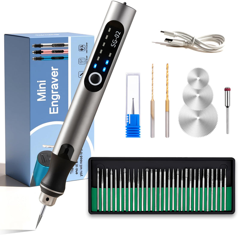 USB Rechargable Engraving Machines Pen with 35bits,Mini Electric Engraver Etching Machines Cordless Rotary Tools Engraved Jewelry Stone Metal Plastic Wood Resin Model Silver