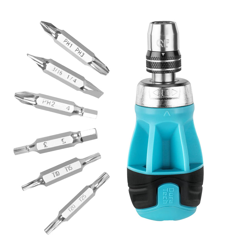 DURATECH Stubby Ratcheting Screwdriver, 12-in-1 Multi-bit Short Screw Drivers, Premium S2 Steel, Innovated Bits Quick-Load Mechanism, with Phillips, Slotted, Torx, Square Bits Stored in Handle
