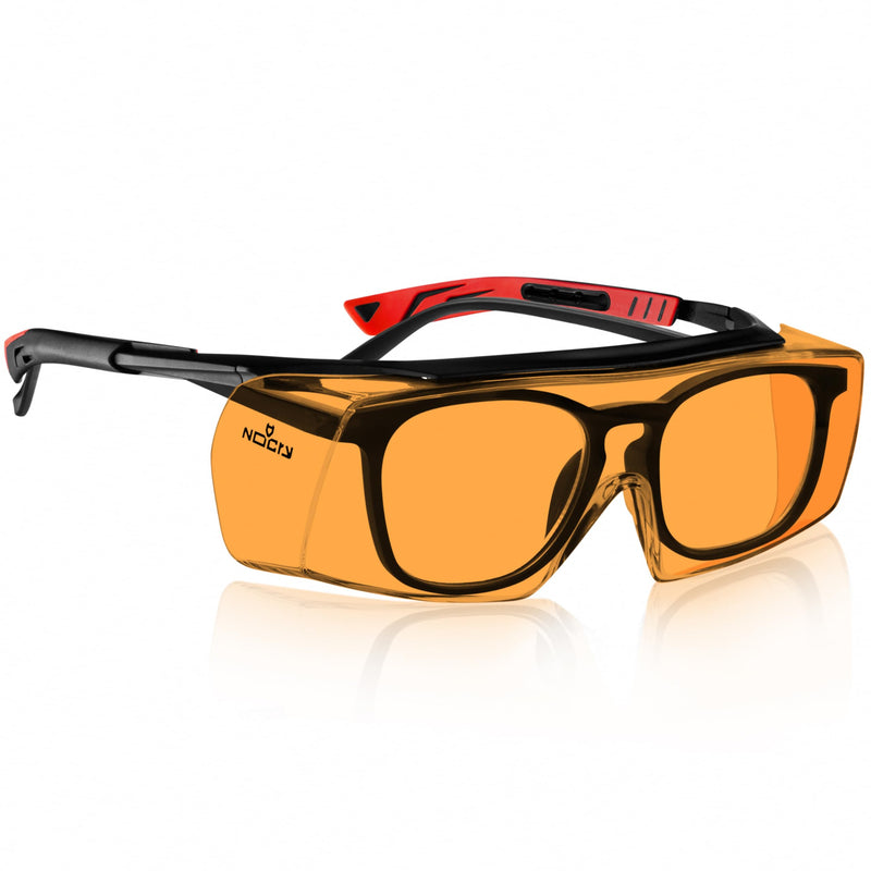 NoCry Blue Light Blocking Safety Glasses Over Eyeglasses with 100% UV Protection — UV Light Protection with Anti-Fog & Anti-Scratch Lenses; ANSI Z87.1 Certified — Adjustable Temples with Anti-Slip Tip Orange Lens (Anti-blue Light)