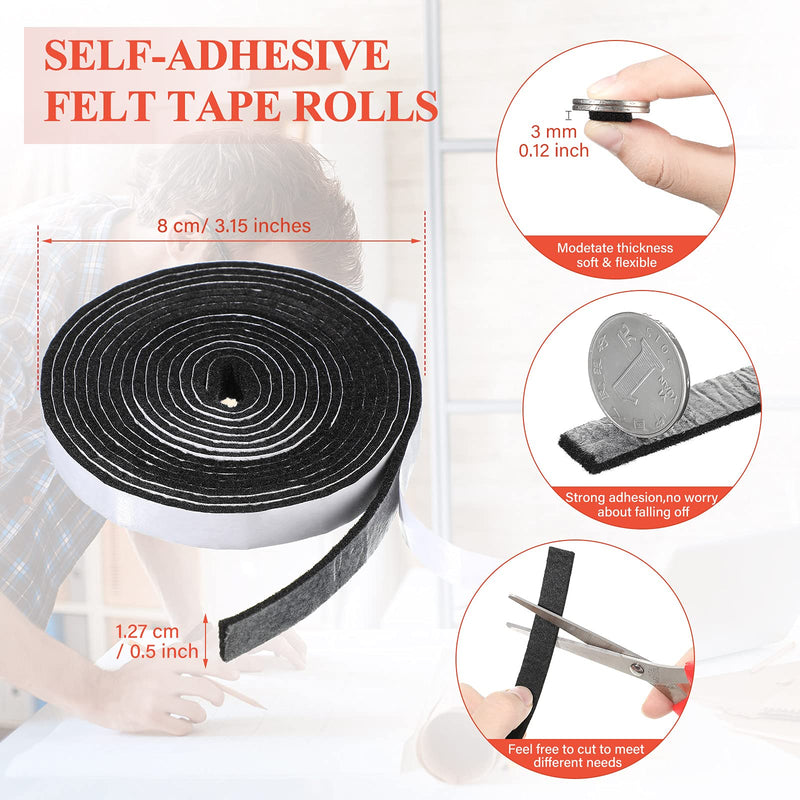 4 Rolls 120 Inch Felt Strip with Adhesive Backing Felt Tapes Furniture Felt Strip Rolls Self Stick Heavy Duty Polyester for Protecting Furniture and DIY Adhesive (Black, 0.5 Inch) Black