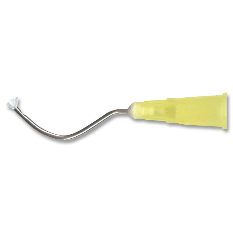 DDM Pre-Bent 19G Disposable Dental Tips - Box of 100 Yellow Infusor Delivery Tips with Brush End Universal Luer Lock Hub - Single-Use Sterile for Dental Applications