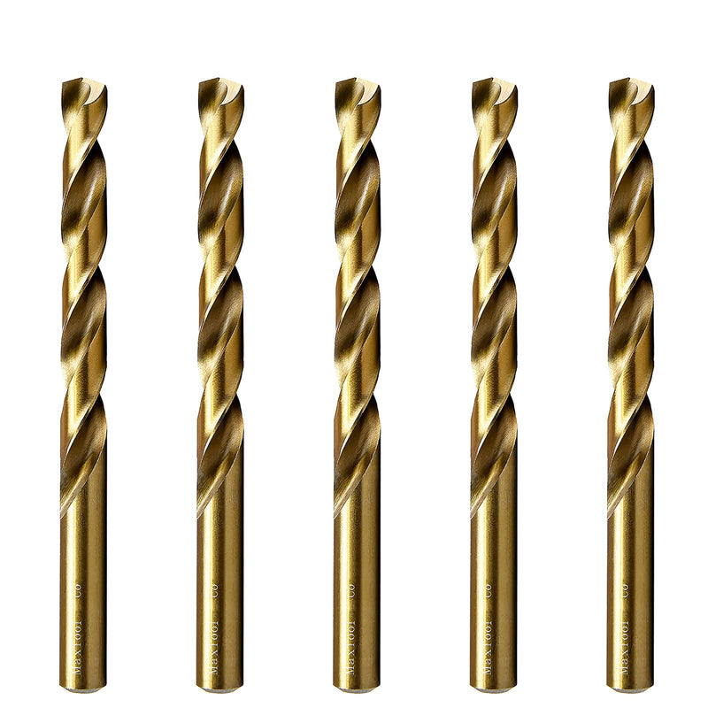 MAXTOOL 9/32" 5pcs Identical Jobber Length Drills HSS M42 Twist Drill Bits 8% Cobalt Fully Ground Golden Straight Shank Drills; JBF42G10R18P5