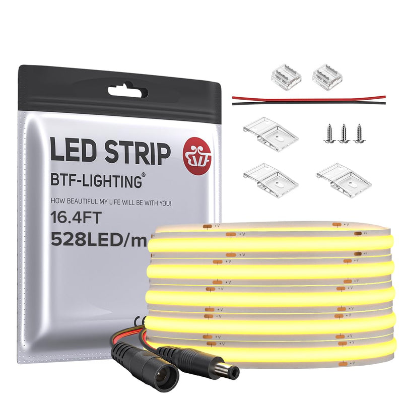 BTF-LIGHTING FCOB COB LED Strip 528LED/m Flexible High Density Uniform Light 14W/m 16.4FT DC24V Warm White 3000K CRI 90+ 10mm Width for Home Indoor Decoration(No Adapter or Controller) Warm White 3000K IP30 16.4FT DC24V 528LED/m