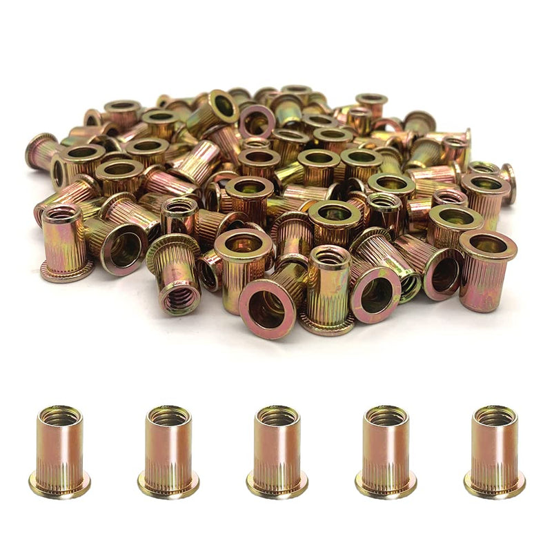100PCS 1/4"-20 Rivet Nuts, Carbon Steel UNC Rivet Nut Set, Flat Head Threaded Rivets Nut Inserts for Metal(1/4"-20) NUT-1/4"-20