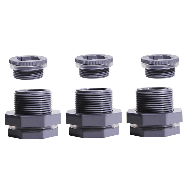 QuQuyi 1/2 Inch PVC Bulkhead Water Tank Connector Adapter Fitting with Plugs Thru-Bulk Pipe Fitting for Rain Barrels, Aquariums, Ponds(Set of 3) 1/2"-3pcs