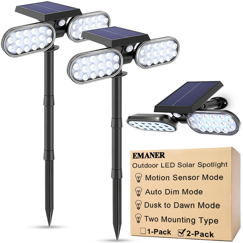 EMANER Motion Solar Lights Outdoor, Solar Floodlight, Stay On or Motion Sensor Mode, Dusk to Dawn Security Light, Landscape Spotlights for Garage Fence Driveway Solar Powered, 2-Pack