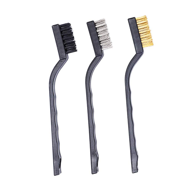 3Pcs Mini Wire Brush Set for Cleaning and Rust Removing, 7 Inch Industrial Wire Brushes of Stainless Steel/Nylon/Brass Bristles Black