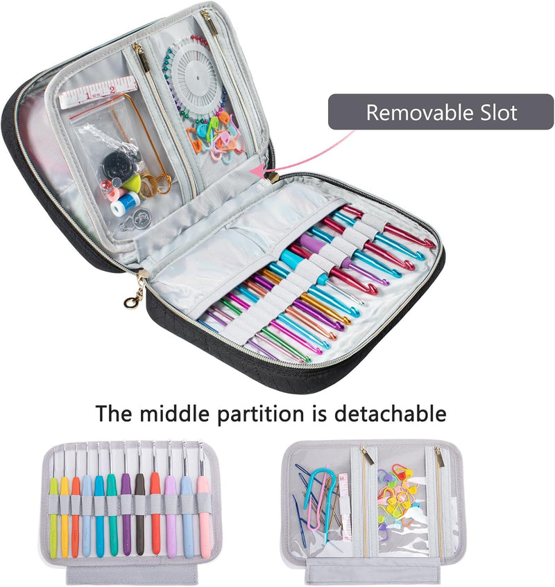 YARWO Crochet Hook Case, Travel Organizer Bag for Crochet Hooks, Aluminum Crochet Hooks, and Crochet Supplies, Black (Bag Only)