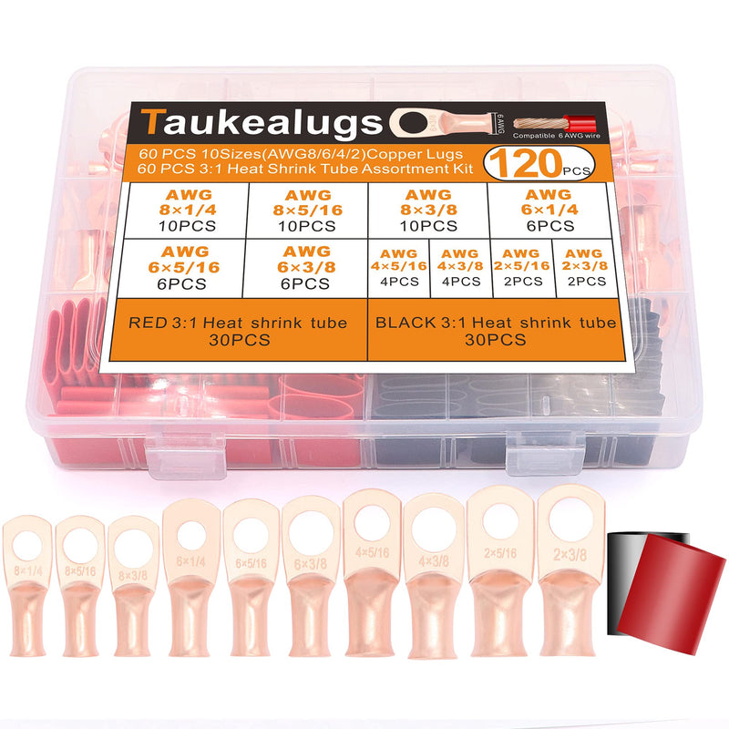 120Pcs AWG 8 6 4 2 Copper Wire Lugs Set,60Pcs Battery Cable Closed End Tubular Ring Terminals Connectors with 60Pcs 3:1 Adhesive Heat Shrink Tube AWG8- 2