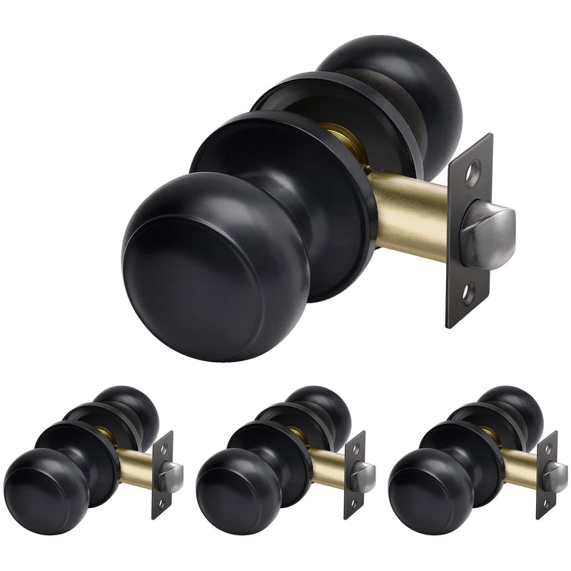 CML Hardware (4 Pack) Passage Door Knob, Matte Black Interior Door Lock Set for Hallway or Closet, No Locking, Round Ball Handle 4 Pack Passage Knob