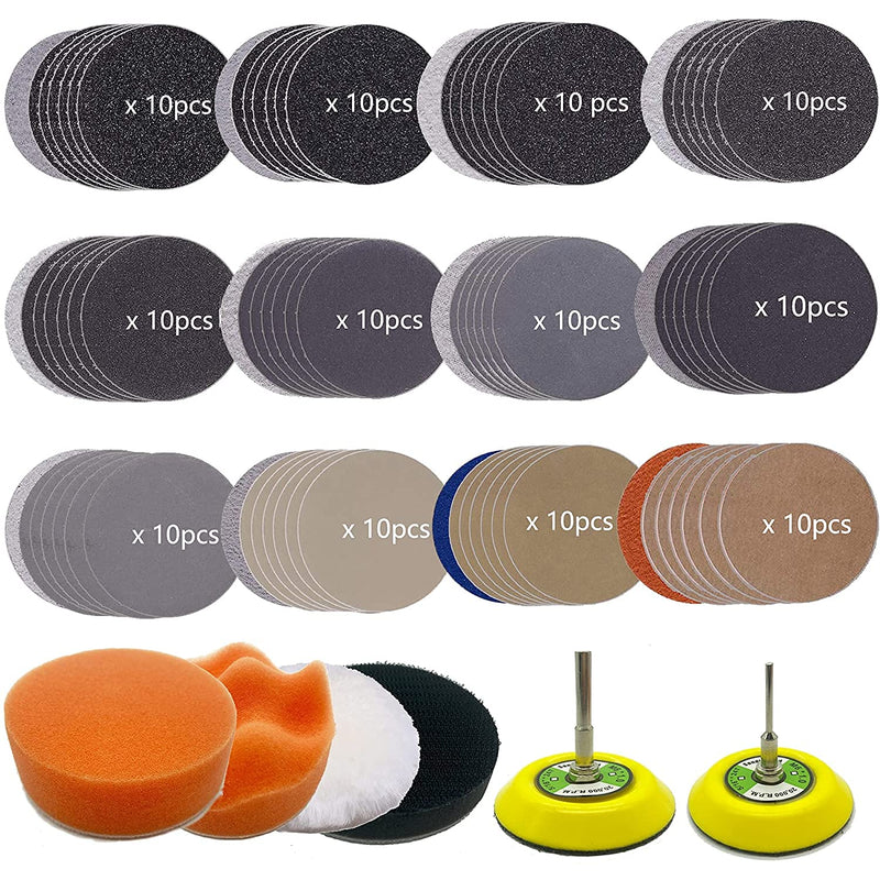 3 Inch Sandpaper Grit 60-10000 Wet Dry Sander Sheets with 1/8"&1/4"Shank Backer Plate and Soft Foam Buffering Pad Grinding Abrasive Sponge Sanding Disc Pad Kit for Wood Metal Mirror Jewelry Car 128pcs 3inch 60-10000Grit