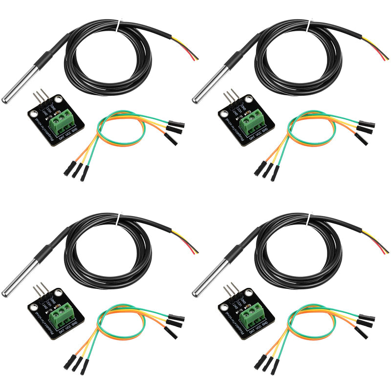 Weewooday 4 Sets DS18B20 Temperature Sensor Module Kit with 1 m/ 3.2 Ft Waterproof Digital Stainless Steel Probe -55 to +125 Degrees Celsius, Compatible with Raspberry Pi