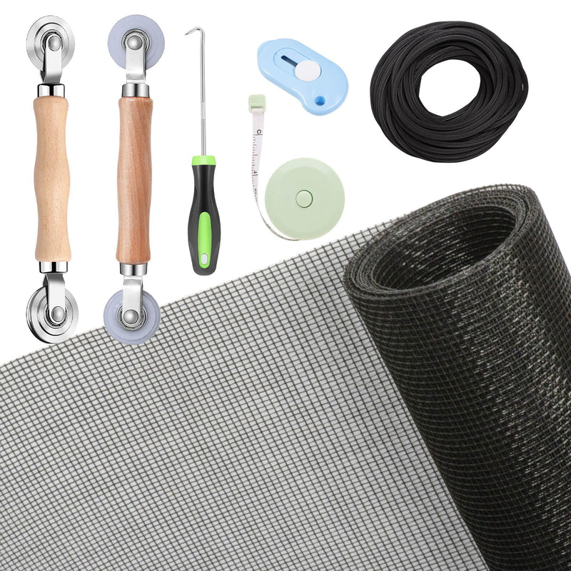 Windows Screen and Screen Door Repair Kit, 48"x118" Charcoal Fiberglass Mesh with Rolling Tool/Hook/Ruler/Cutter/Spline - Window Screen & Sliding Screen Door Replacement for Windows, TOOLTRIZ 48" x 118" Black