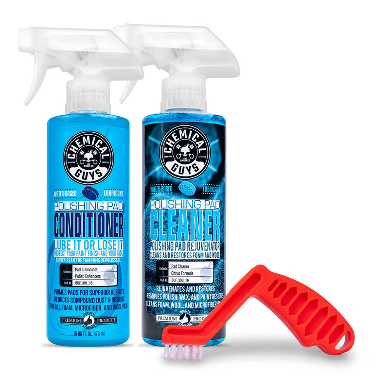 Chemical Guys BUF_301_16 Polishing and Buffing Pad Conditioner (16 Ounce) with Foam and Wool Citrus-Based Pad Cleaner, 16 oz with BUF_900 Foam Pad Conditioning Brush