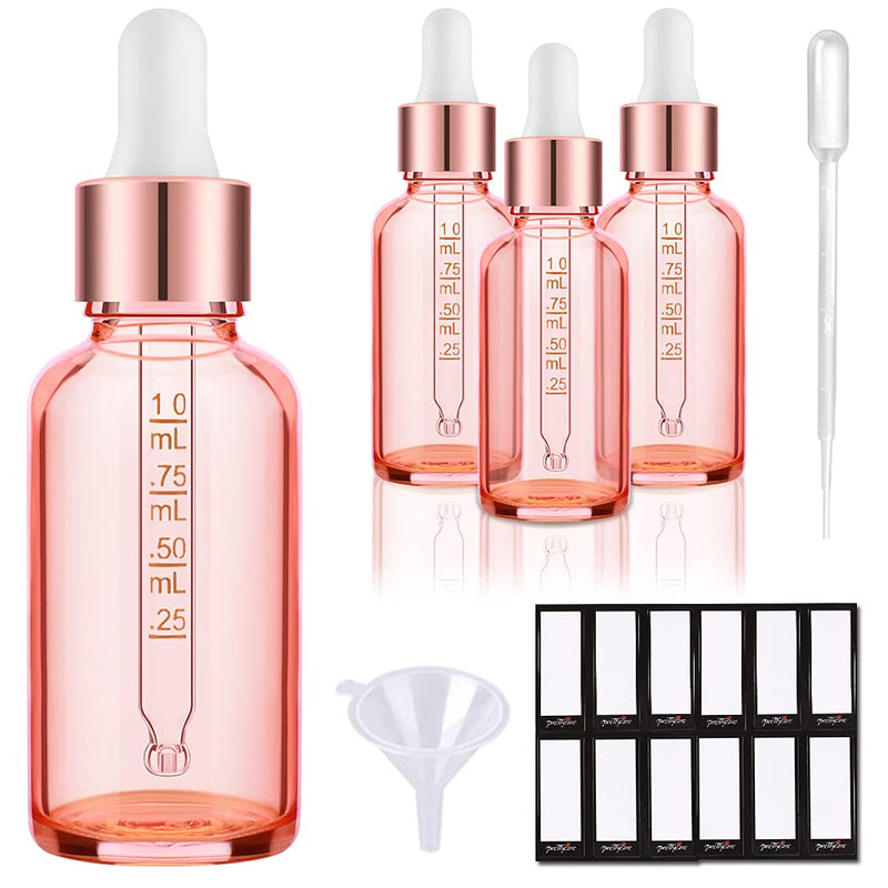 PrettyCare 4 Pack 1oz Eye Dropper Bottle Rose for Essential Oils with Measured Pipettes, 30ml Glass Bottles with Eye Droppers Tincture Bottles, Leak Proof Travel Bottles Pink