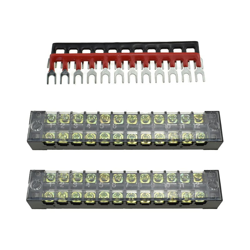 Hahiyo Dual Row Screw Terminal Strip Blocks 126mm Length Insulated Fork 600V 15A 12Positions Wire Cover Connector, Clearly Visible Mount in Place for Electrical with 2set, 15A 12P+2pcs Jumpers