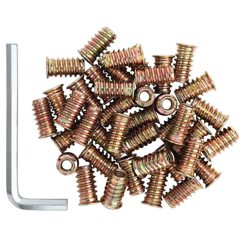 40 Pcs Threaded Inserts, M6 x 20 Threaded Inserts, Nut Threaded Wood Inserts with Hex Spanner, Carbon Steel Furniture Screw in Nut Threaded, Bolt Fastener Connector for Wood Furniture Gold M6*20mm