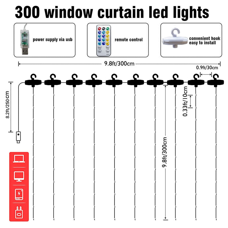 Dazzle Bright Curtain String Lights, 300 LED 9.8ft x 9.8ft 8 Lighting Modes Fairy Lights USB Powered, Waterproof Lights for Christmas Party Wedding Outdoor Indoor Wall Decorations (White) White