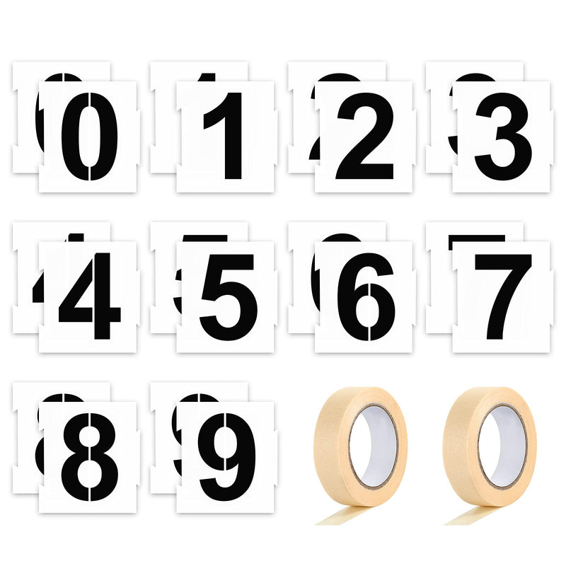 20 Pieces Curb Stencil Kit 0-9 Address Number Reusable Plastic Numbers Stencils with 2 Rolls Masking Tape for Painting Address in Wall Wood Road Mailbox(3 Inch Height) 3 Inch Height
