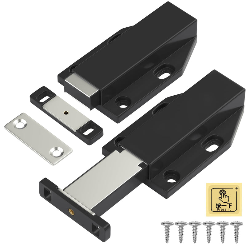 Touch Latch Jiayi Heavy Duty Push Open Cabinet Hardware Magnetic Push Spring Latch for Large Door Release Latch Pop up Hidden Door Catch Cabinet Magnets Push Close for Cupboard Drawer (Black, 2 Pack) Black