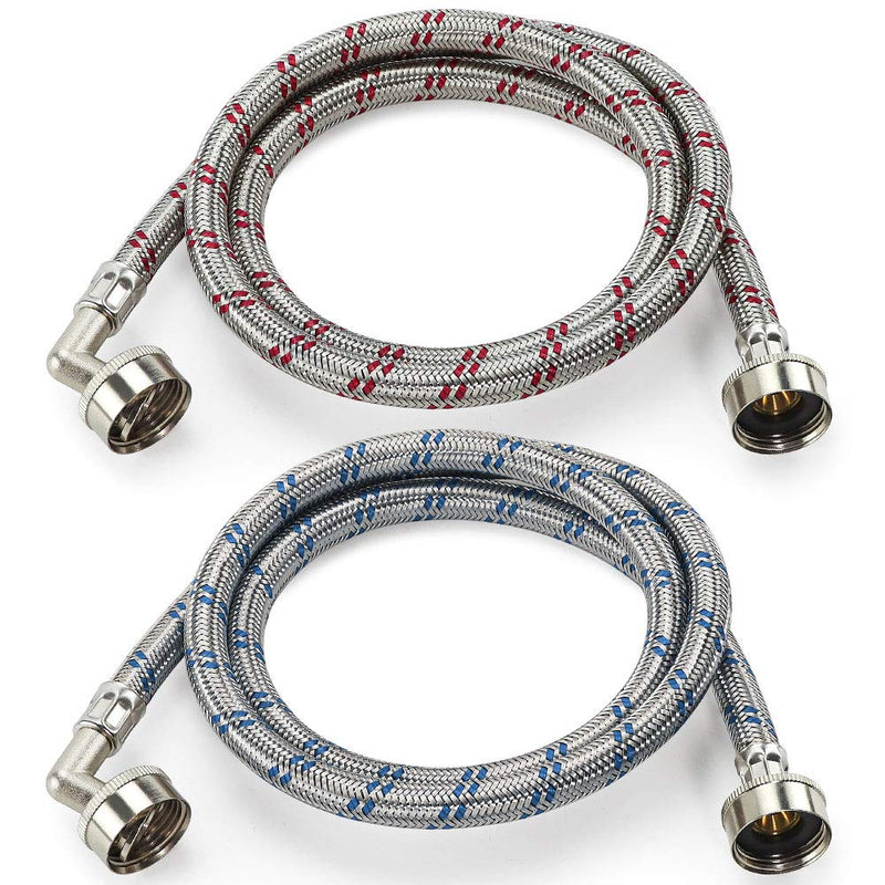 Cenipar Washing Machine Hoses 4feet with 90 Degree Elbow Premium Stainless Steel Burst Proof (cost-effective 2 pack) Red and Blue Striped Water Connection Inlet Supply Lines 90 Degree Elbow Hoses 4 Feet