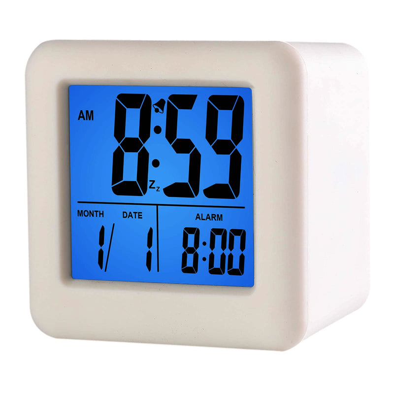 Plumeet Easy to Set Digital Travel Alarm Clock, Snooze Function, Soft Night Light, Large Screen time and Month and Date Display and Alarm, Progressive Sound Alarm and Handy Size (White) White