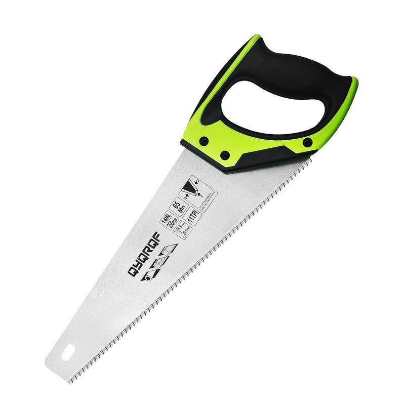 14 in. Pro Hand Saw, 11 TPI Fine-Cut Soft-Grip Hardpoint Handsaw Perfect for Sawing, Trimming, Gardening, Cutting Wood, Drywall, Plastic Pipes, Sharp Blade, Ergonomic Non-Slip Handle (green) Green