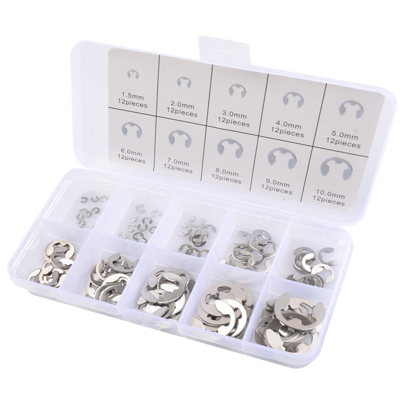 304 Stainless Steel E Clip Assortment Kit E-Clip External Retaining Ring Assortment Set (M1.5-M10,120 PCS) 120PCS