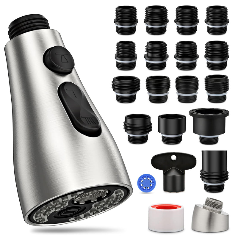 Kitchen Faucet Head Replacement 3 Modes with 17 Adapters, Pull Down Spray Head for Kitchen Faucet, Kitchen Sink Faucet Head G 1/2, Sprayer Head Replacement, Compatible with Moen，Delta, Kohler Faucets Brushed Nickel with 17 Adapters