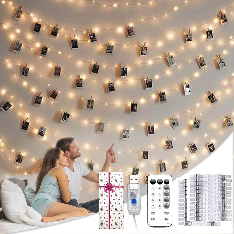 Photo Clip String Lights with Remote, 40FT 120 LED USB Powered Fairy Lights Picture Clips, 8 Modes with 50 Clear Clips for Dorm, Bedroom, Christmas, Party, Wedding Decor (Warm White) Warm White 8 Modes USB Powered-120LED