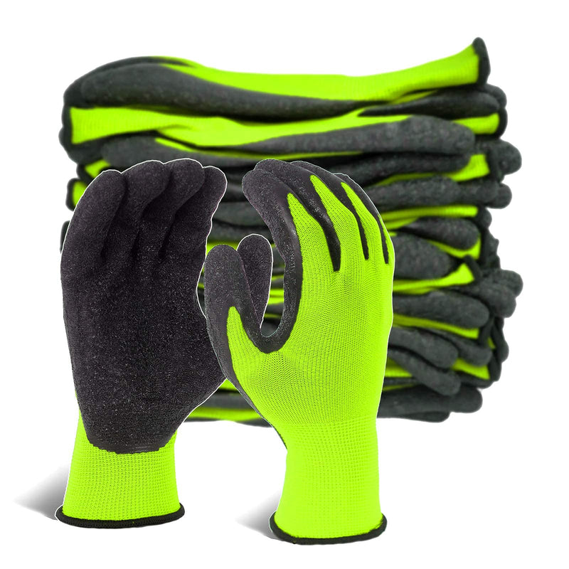 Evridwear Crinkle Latex Rubber Hand Coated Safety Work Gloves for Men Women General Multi Use Construction Warehouse Gardening Assembly Landscaping (9/L, Green- 12Pair) Large (Pack of 12)