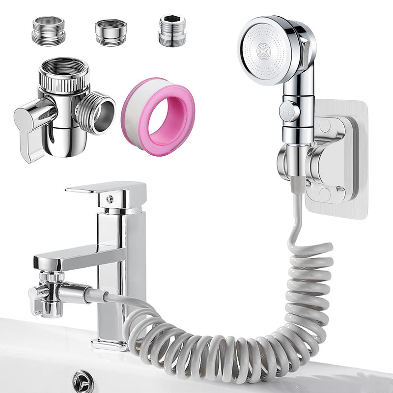 Sink Faucet Sprayer Attachment Set, Kitchen Bathroom Pet Bathing Shower Head with 9.8ft Hose and G1/2, 55/64", 15/16" Faucet Adapters, Hair Washing, Dog Shower and More (Faucet Not Included) Gray