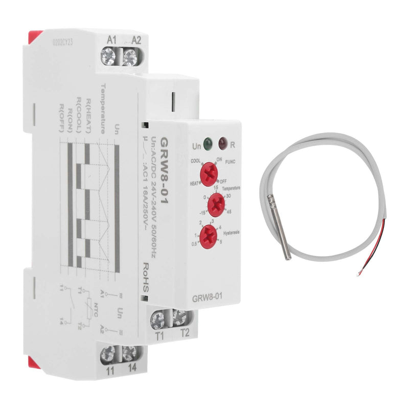 Temperature Control Relay Temperature Monitor 1.4in Rail Mount with Probe L-N Terminal High Low LED Display -15℃ to 45℃