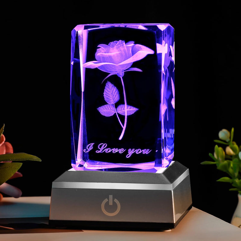 BAHUJIDA 3D Rose Crystal with LED Color Lamp, Mothers Day Gift，Birthday Present for Girlfriend, Wife, Mother, Friendship and Love Commemorate Unique Anniversary Rose Rose 1