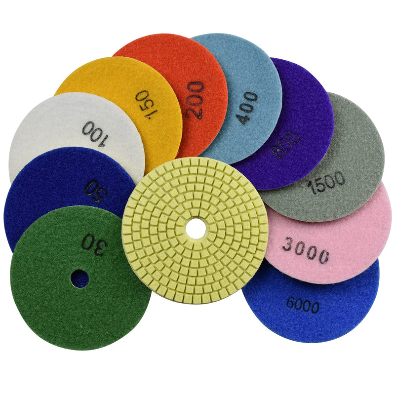 Diamond Polishing Pads Wet Use 4 Inch for Grinding Stone Marble Granite Counter Tile 10 Pieces Set Mixed Grit 30-6000 10 Pack Mixed #30-6000