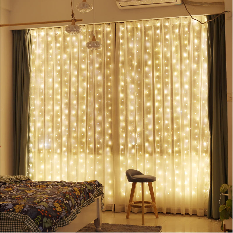 ZSJWL 300 LED Curtain Fairy Lights with Remote, 8 Modes 9.8 × 9.8 Ft, USB Plug in Copper Wire String Lights for Bedroom Window Chrismas Wedding Party, Warm White 1