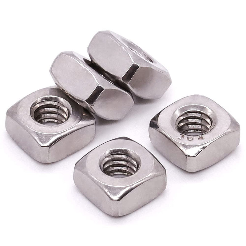 1/4"-20 Stainless Steel Square Nuts, 304 Stainless Steel 18-8, Bright Finish, Full Thread, Coarse Thread UNC, Pack of 50