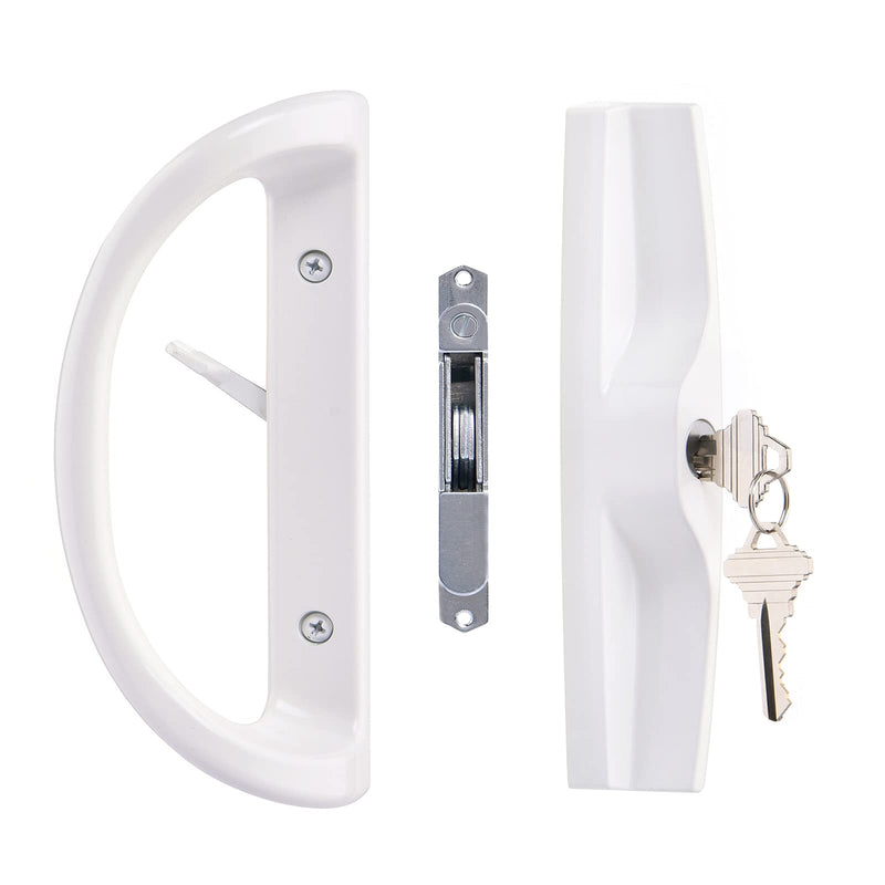 Sliding Patio Door Handle Set with Key Cylinder and Mortise Lock, Full Replacement Handle Lock Set Fits Door Thickness from 1-1/2" to 1-3/4", 3-15/16” Screw Hole Spacing, Reversible Design(Non-Handed) White