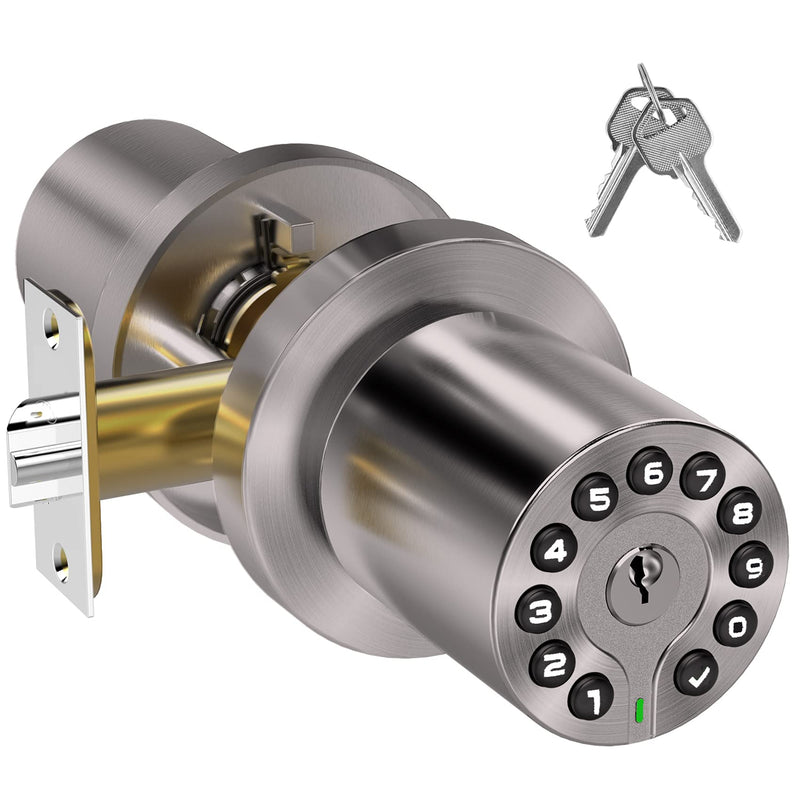 Keypad Door Knob with Key,Keyless Entry Door Lock, Code Locks Door Knob, Auto Lock,50 User Code,Easy to Install,for Home,Office,Hotel,Bedroom,Garage,No Deadbolt Satin Nickel