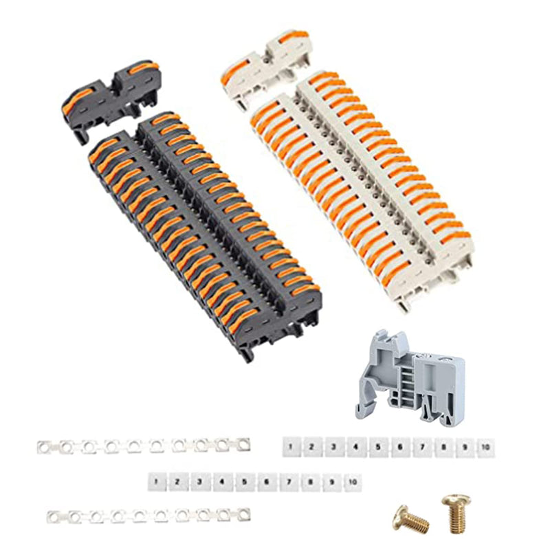 DIN Rail Terminal Blocks,Universal Compact Wire Wiring Connector (40 pcs connectors+4 pcs Article in Parallel+4 pcs Digital Identification+2 pcs Fixed clamp+40 pcs Screw) 40 pcs connectors