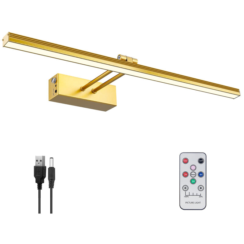 FUNCHDAY Picture Light,5000mAh Battery Operated Picture Light for Wall,Wireless Remote Painting Light with Timer and Dimmable,16”Metal Art Light for Display,Artwork,Portrait,Gallery-Gold Gold 16"