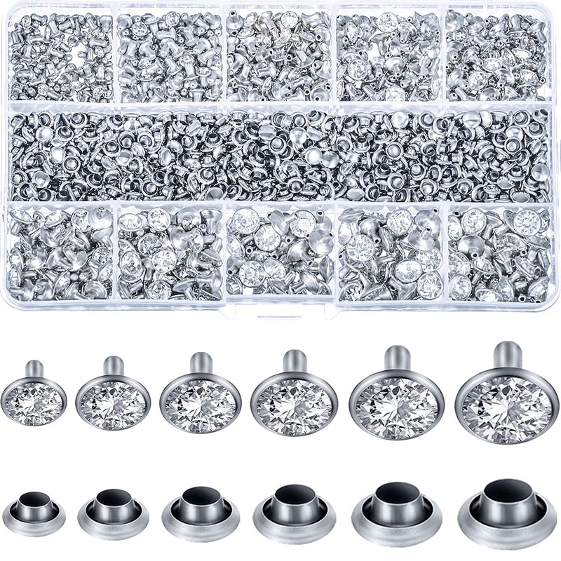 600 Sets 6 Sizes White Clear Rhinestone Rivets Crystal Rapid Rhinestone Stud Silver Color Rivets Fit Punk Rock DIY for Clothing, Wedding, Performance, Arts and Crafts Decoration