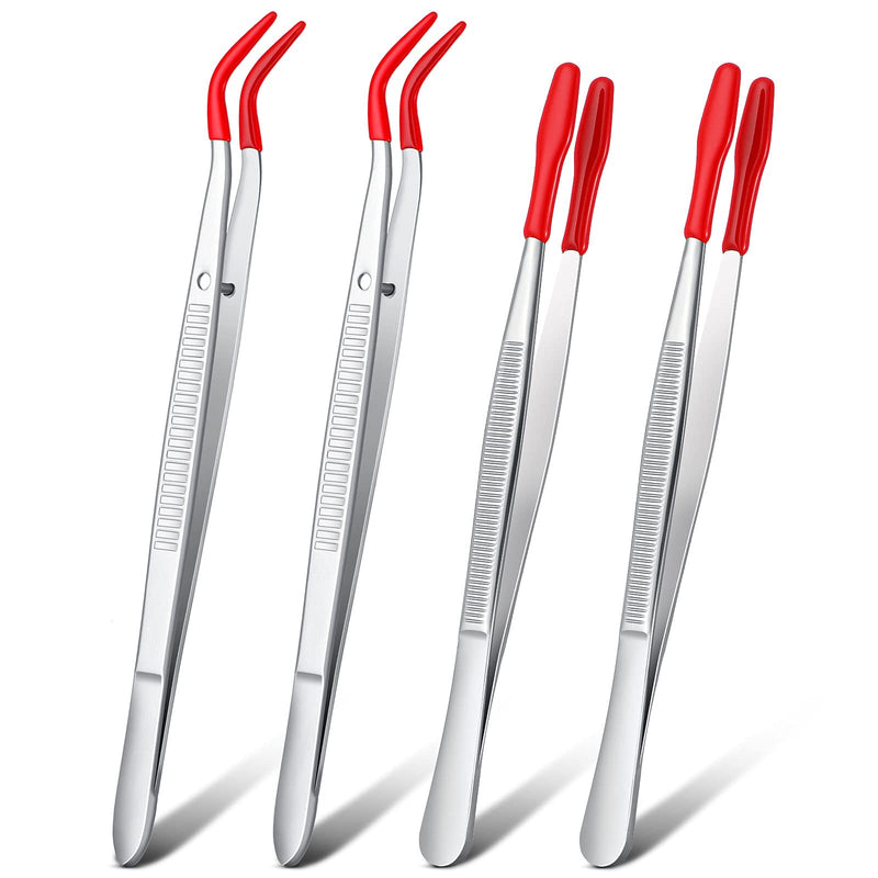 2 Pieces Bent Tip Tweezers with Rubber Tips PVC Coated and 2 Pieces Tweezers Rubber Coated PVC Soft Non Marring Flat Tips Lab Hobby Jewelry Craft Stainless Steel Tool(Red) Red